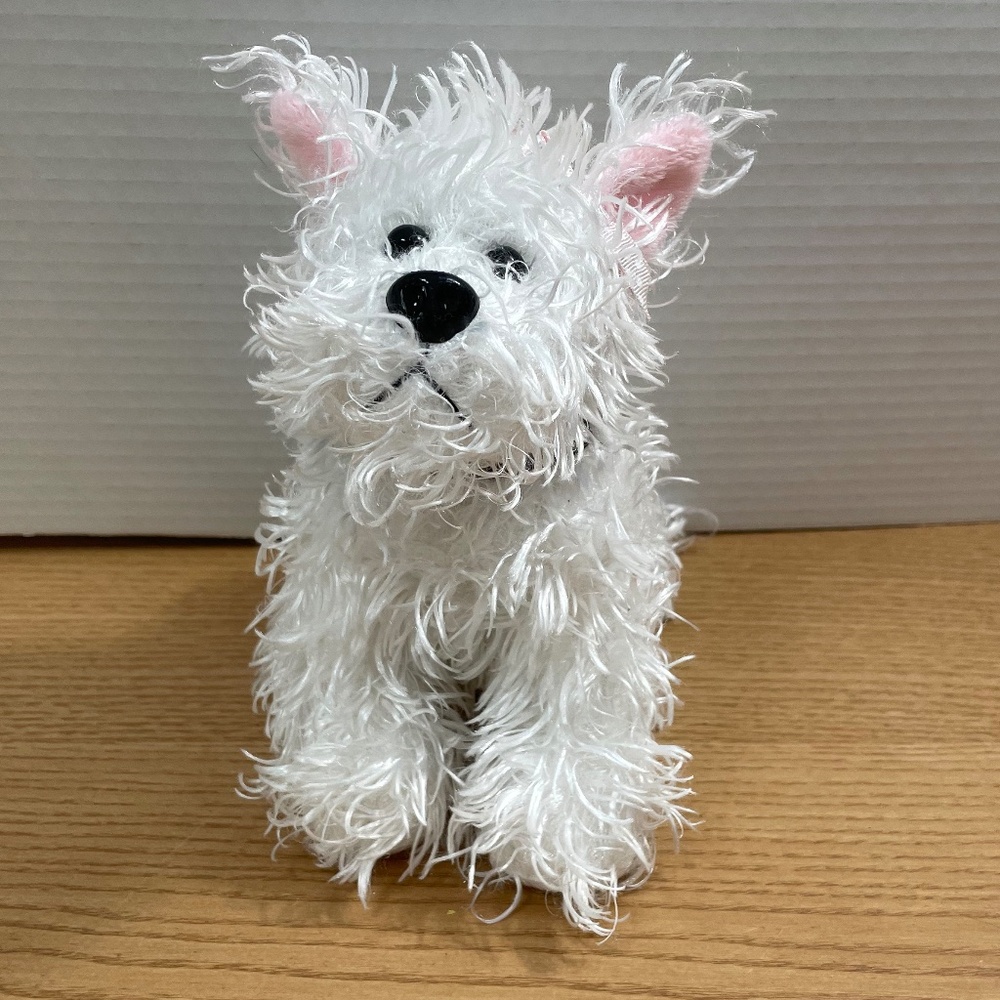 Ganz White Terrier Dog Plush Webkinz HM106 Pink Ears Bow Black Collar 8" No Code